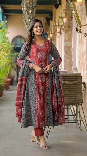 Scarlet Ajrakh Anarkali Suit Set
